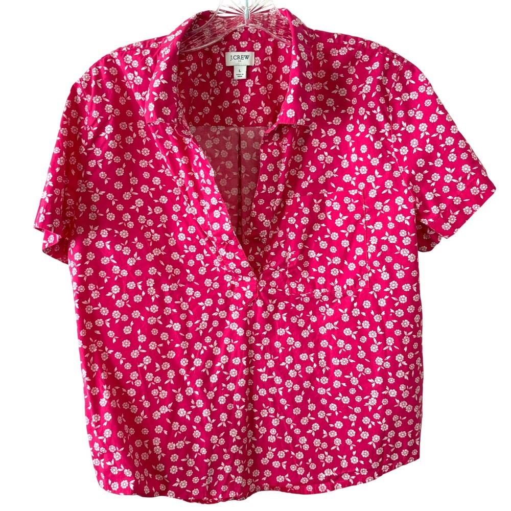 J. Crew Factory Hot Pink and White Floral Short Sleeve Poplin Popover Top Size L